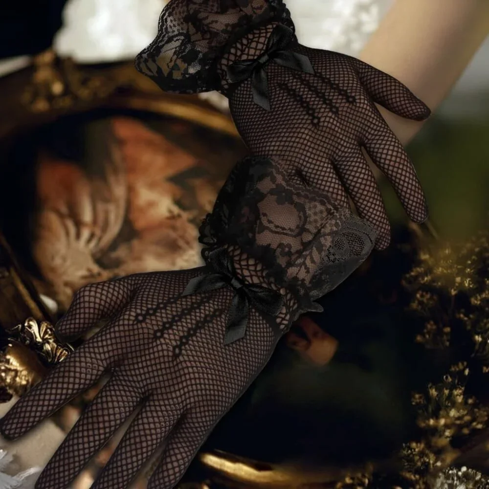 Women's A-Black Halloween Tea Short Lace Gloves Elegant Bridal Cosplay Party